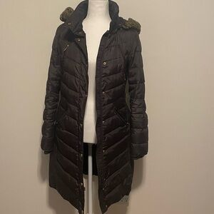 Michael Kors Black Quilted Long Puffer with Hood and Faux-Fur Trim